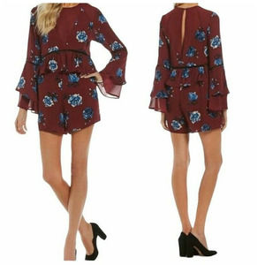 GB Peplum Juniors Romper Wine Red Floral Long Sleeves Shorts One-Piece Jumpsuit
